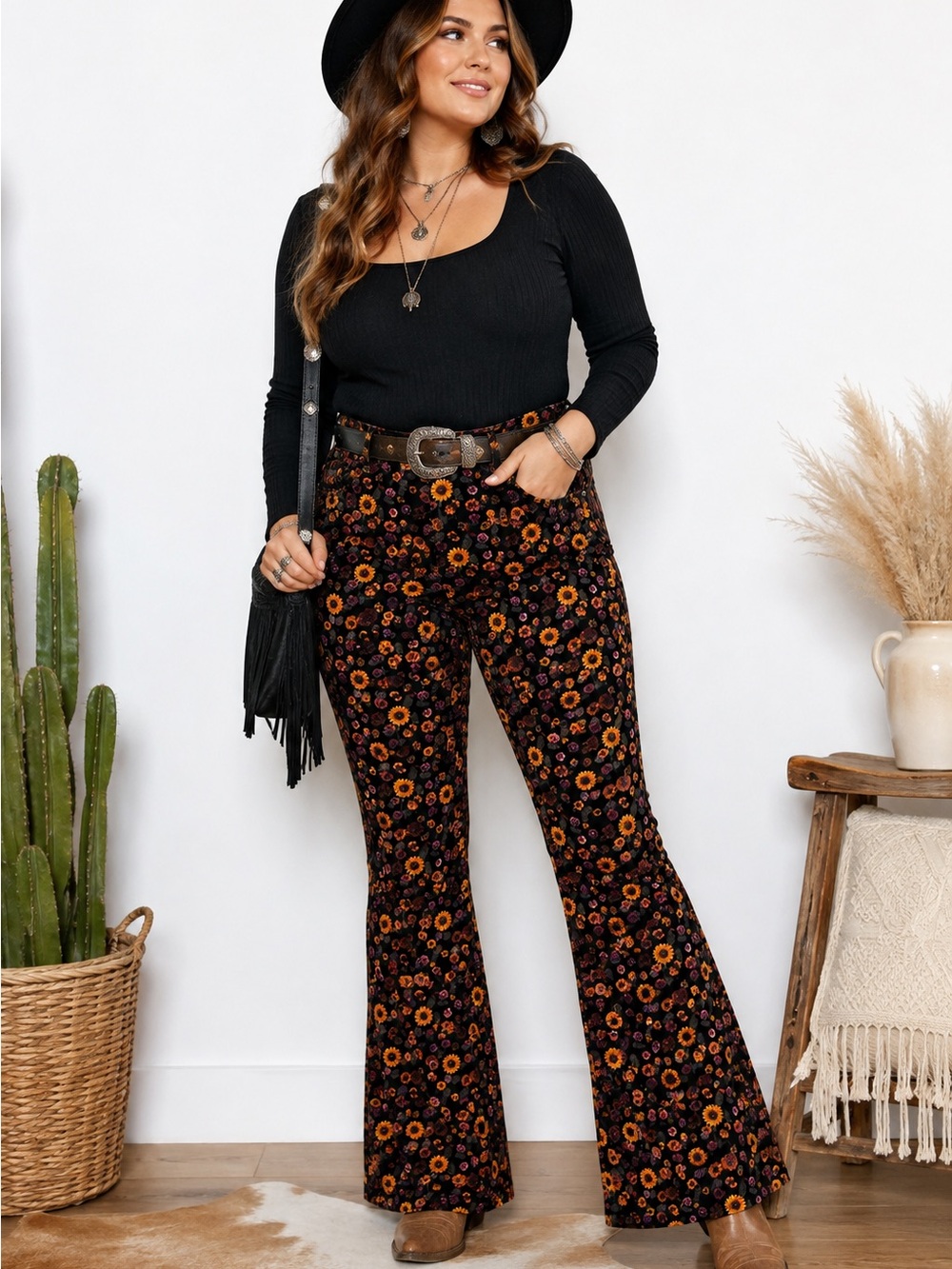 Wrangler High Rise Fierce Flare Floral Jeans Women’s 14x32 Black Boho Western